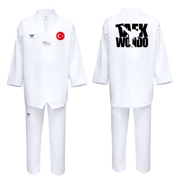 TUSAH Beyaz Yaka Taekwondo Elbisesi WT Onaylı Dobok Tekvando Baskılı