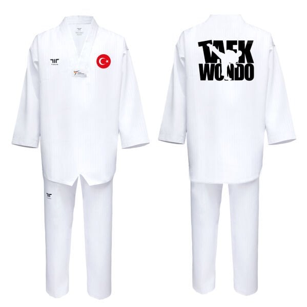 TUSAH NOVA Beyaz Yaka Taekwondo Elbisesi WT Onaylı Dobok Tekvando Baskılı
