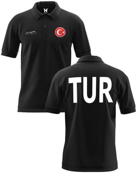 Yakalı Atatürk İmzalı TUR Tişört Metalize Orijinal Türk Bayrağı